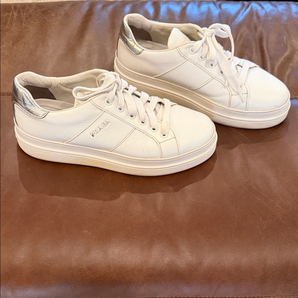Prada White and Silver Low-Top Sneakers